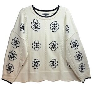 Adrinna Papell Embroidered Sweater Womens 3X Heavyweight Ivory Cable Knit Floral